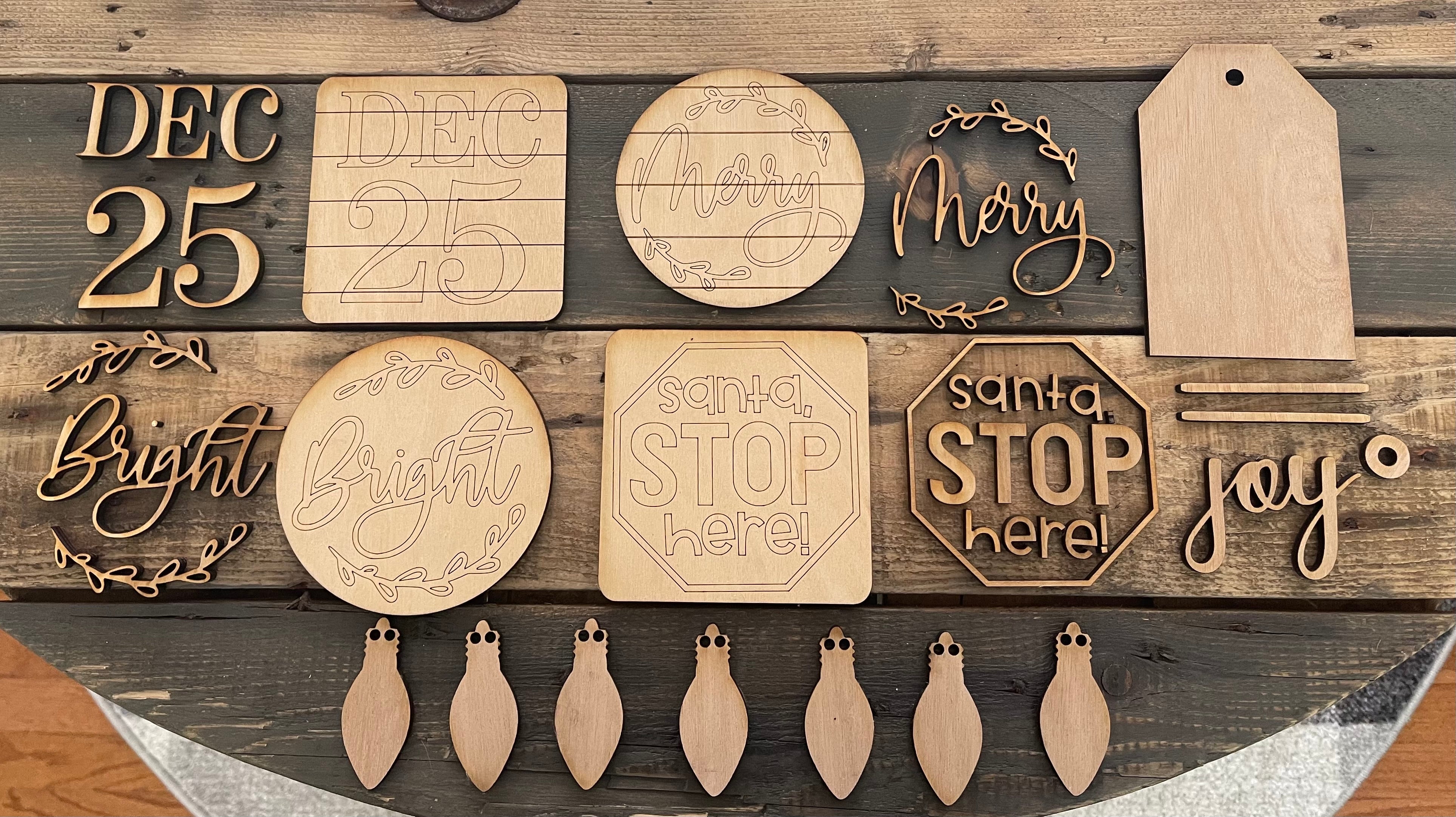 No guessing on where to place your 3D wood cutouts, use the score lines to make placement and exact match.  The joy gift tag does not include score lines.  You will place the words where you want. See other photo for placement idea.