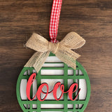 This is the green plaid love ornament with a twine bow.