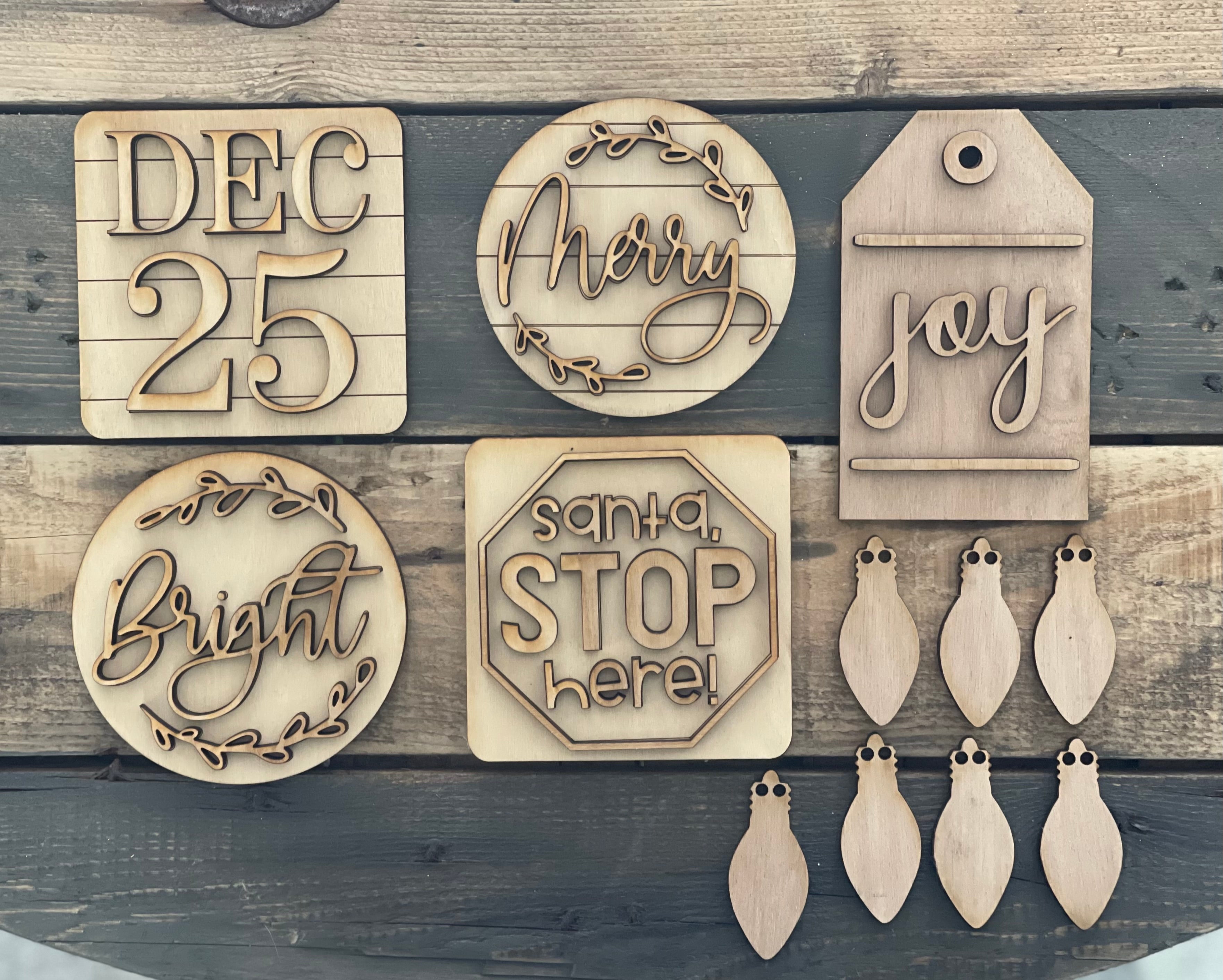 6 piece 3D Wood DIY Christmas Tiered Tray Decor Set.  Comes with (1) Shiplap Dec. 25th square sign, (2) round signs, one that says Merry and the other says Bright, (1) square santa stop here sign, a gift tag that says JOY, and Christmas light banner garland.  Twine will be provided for the gift tag and light garland.  Kits can be purchased with or without paint and accessories. 