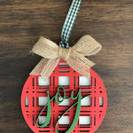 This is the red plaid ornament with a twine bow.