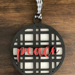 This is the black plaid peace ornament without a twine bow.