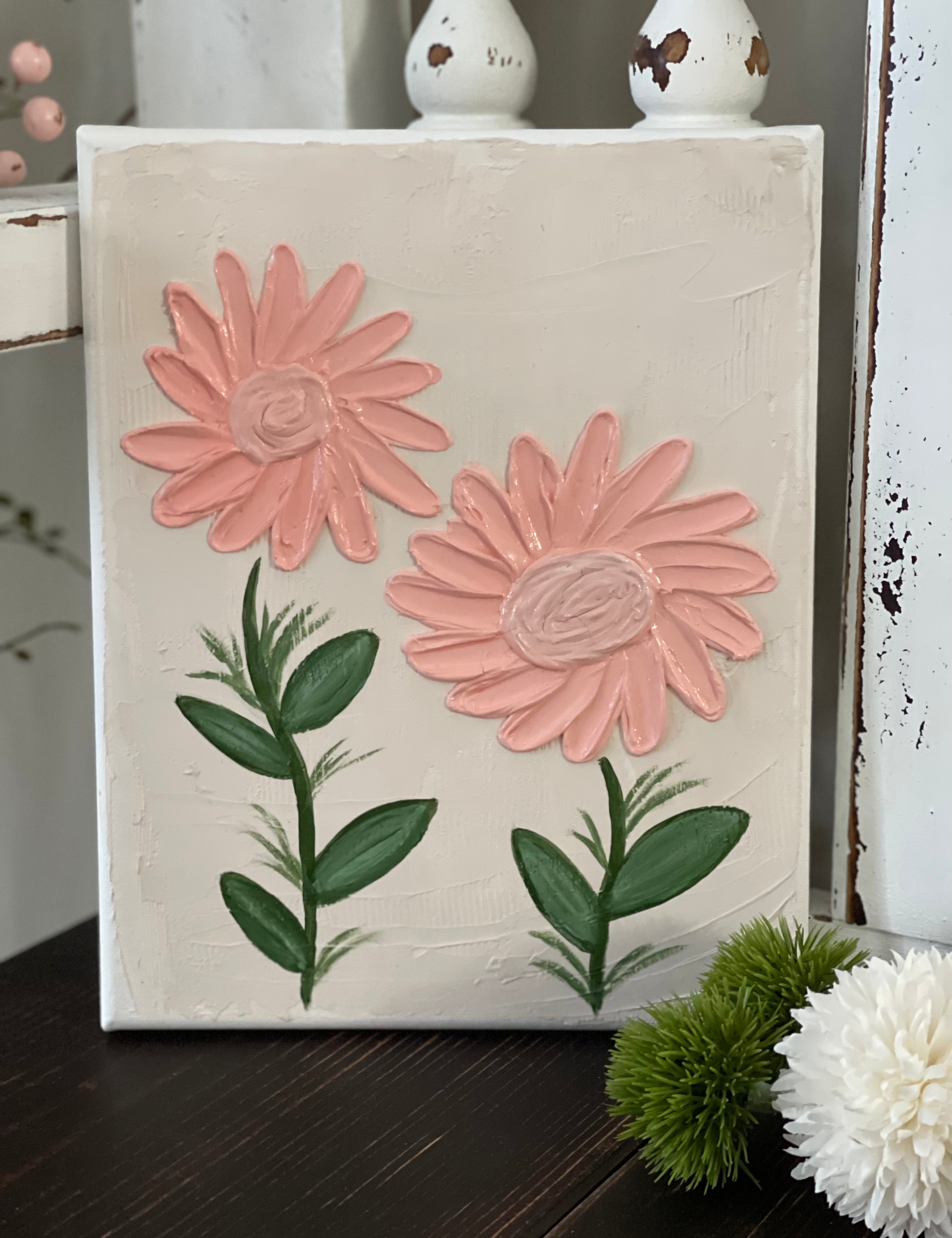 This image shows the hand painted textires pictire with details of the foral design. The flowers sre a pink/peach color, with green stems. 