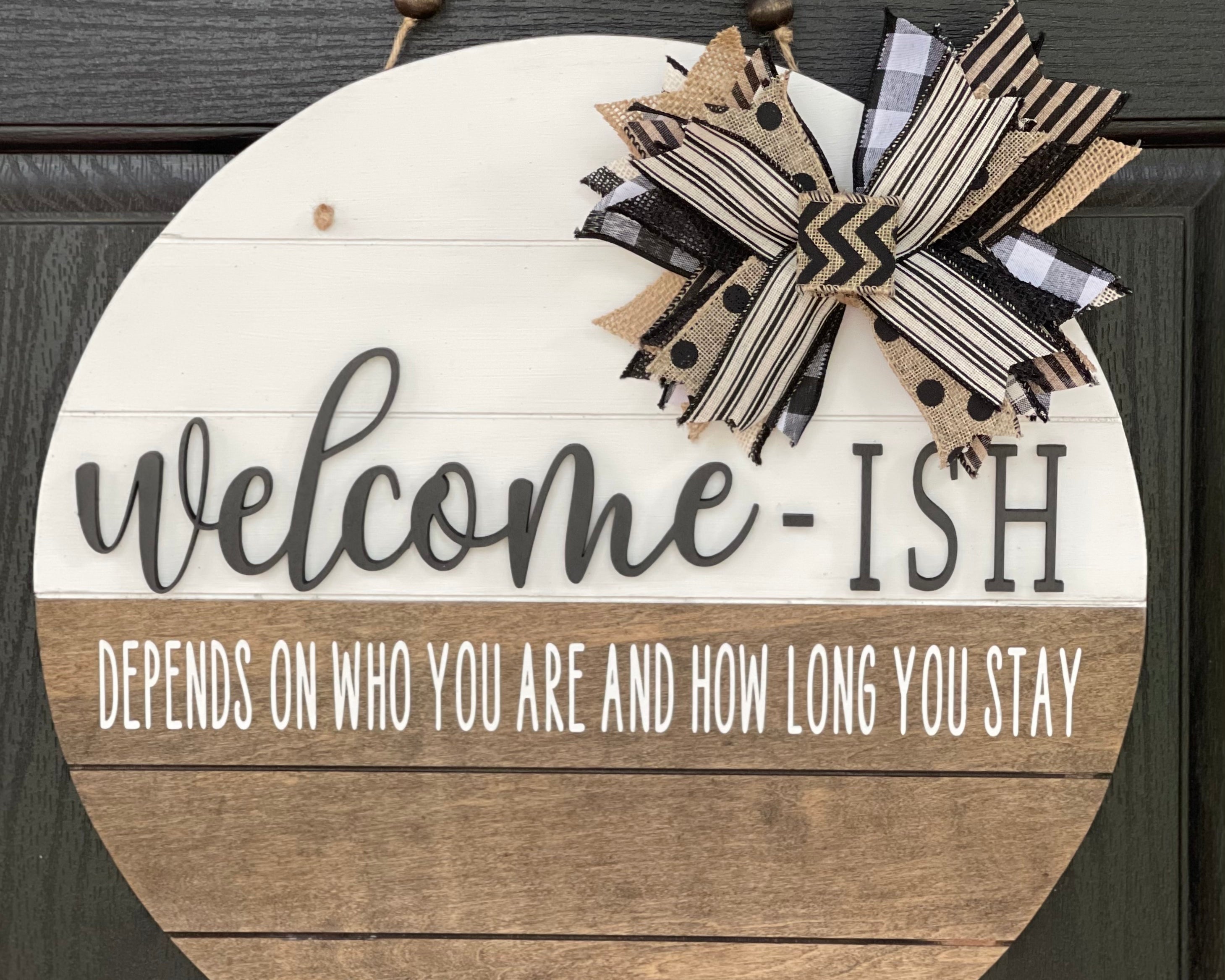 Welcome-ish Shiplap Door Hanger shows the 18" round on a front door.